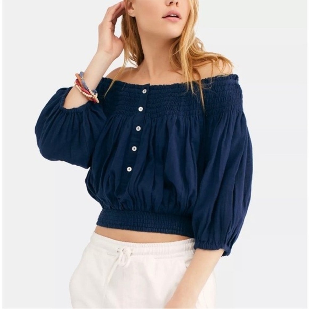Free People Dancing Till Dawn Off-Shoulder Navy Top Size Small